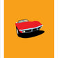 Original hand drawn poster of a magnificent brilliant red 1968 Chevrolet Corvette Roadster on a warm orange background.