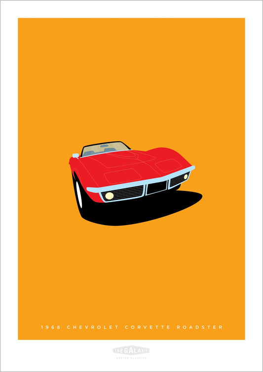 Original hand drawn poster of a magnificent brilliant red 1968 Chevrolet Corvette Roadster on a warm orange background.