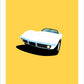 Original hand drawn poster of a magnificent white 1968 Chevrolet Corvette Roadster on a sunny yellow background.
