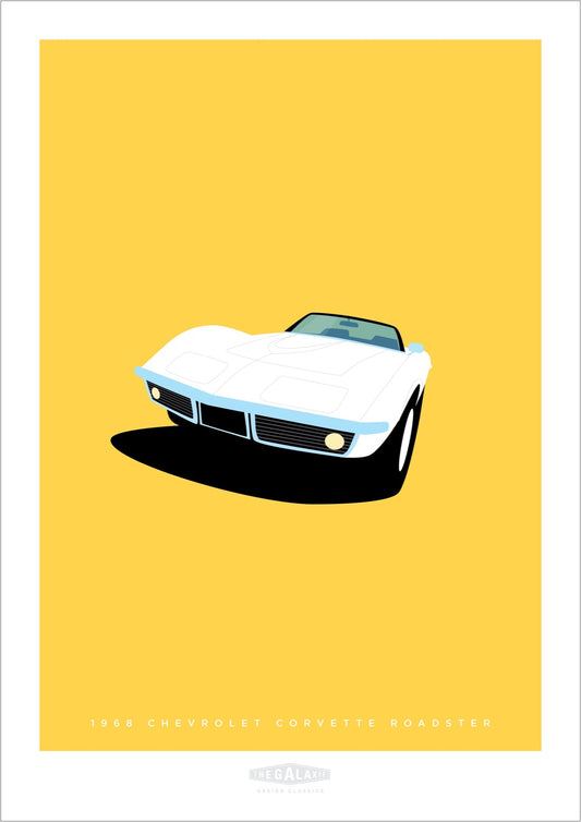 Original hand drawn poster of a magnificent white 1968 Chevrolet Corvette Roadster on a sunny yellow background.