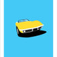 Original hand drawn poster of a dazzling yellow 1968 Chevrolet Corvette Roadster on a sky blue background.