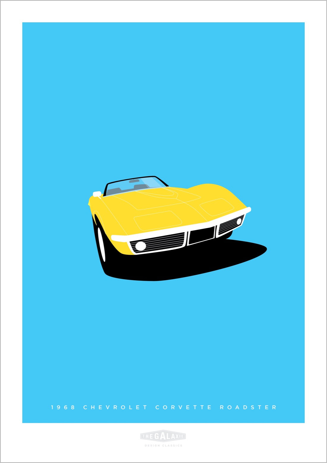 Original hand drawn poster of a dazzling yellow 1968 Chevrolet Corvette Roadster on a sky blue background.