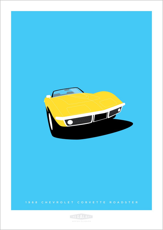 Original hand drawn poster of a dazzling yellow 1968 Chevrolet Corvette Roadster on a sky blue background.