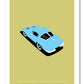 Original hand drawn poster of a magnificent powder blue 1963 Chevrolet Corvette Stingray on a soft green background.