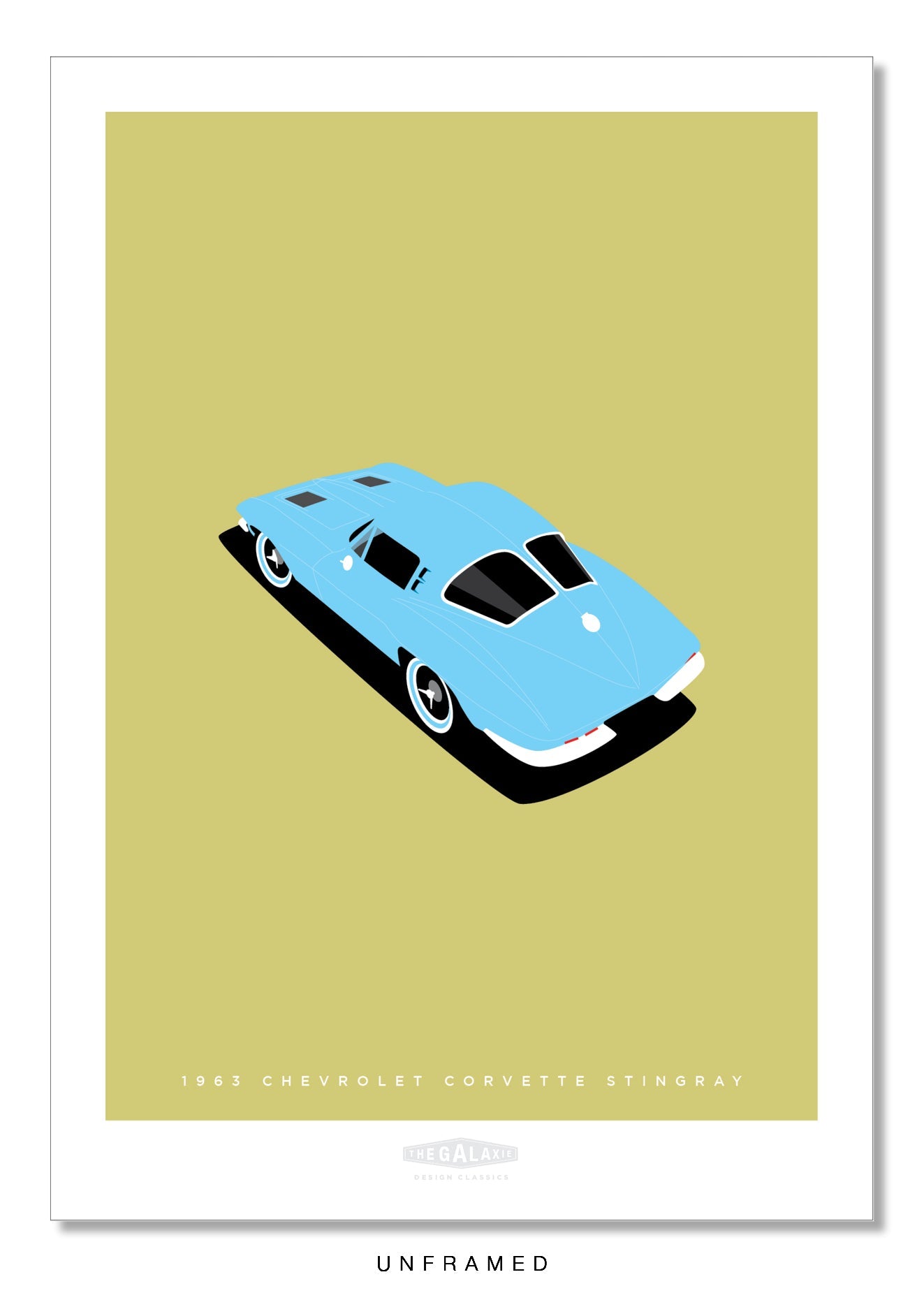 Original hand drawn poster of a magnificent powder blue 1963 Chevrolet Corvette Stingray on a soft green background.
