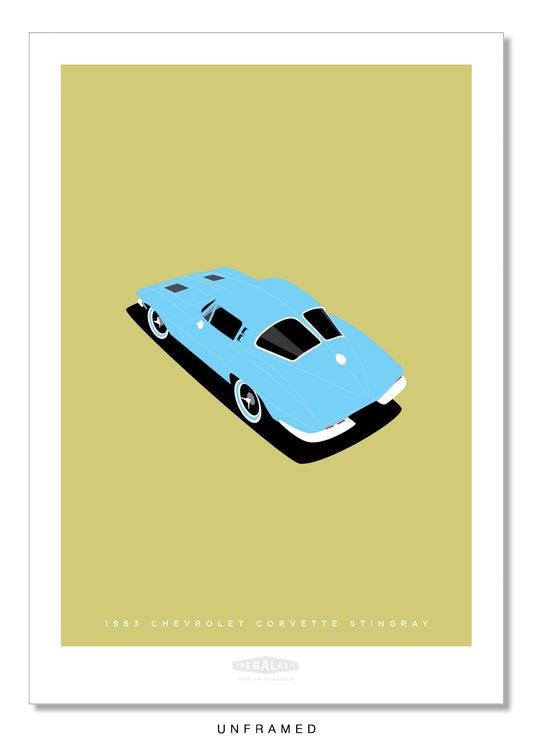 Original hand drawn poster of a magnificent powder blue 1963 Chevrolet Corvette Stingray on a soft green background.