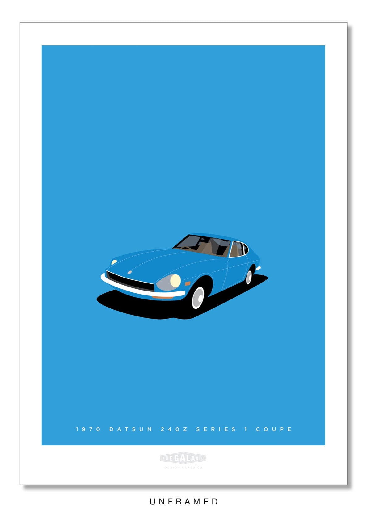 Original poster of a 1970 blue DATSUN 240Z SERIES 1 COUPE on a blue background.