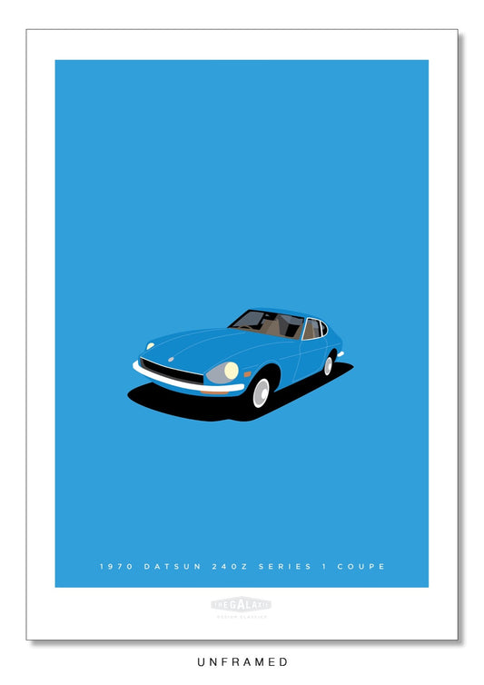 Original poster of a 1970 blue DATSUN 240Z SERIES 1 COUPE on a blue background.