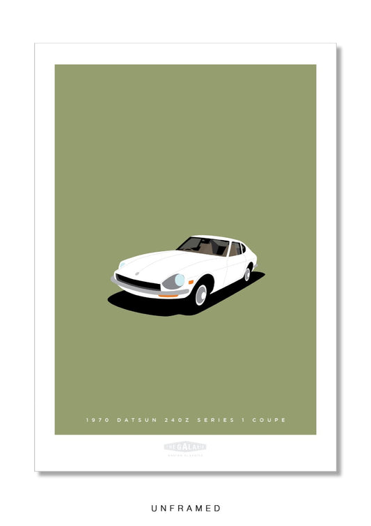 Original poster of a white 1970 DATSUN 240Z SERIES 1 COUPE on an olive green background.