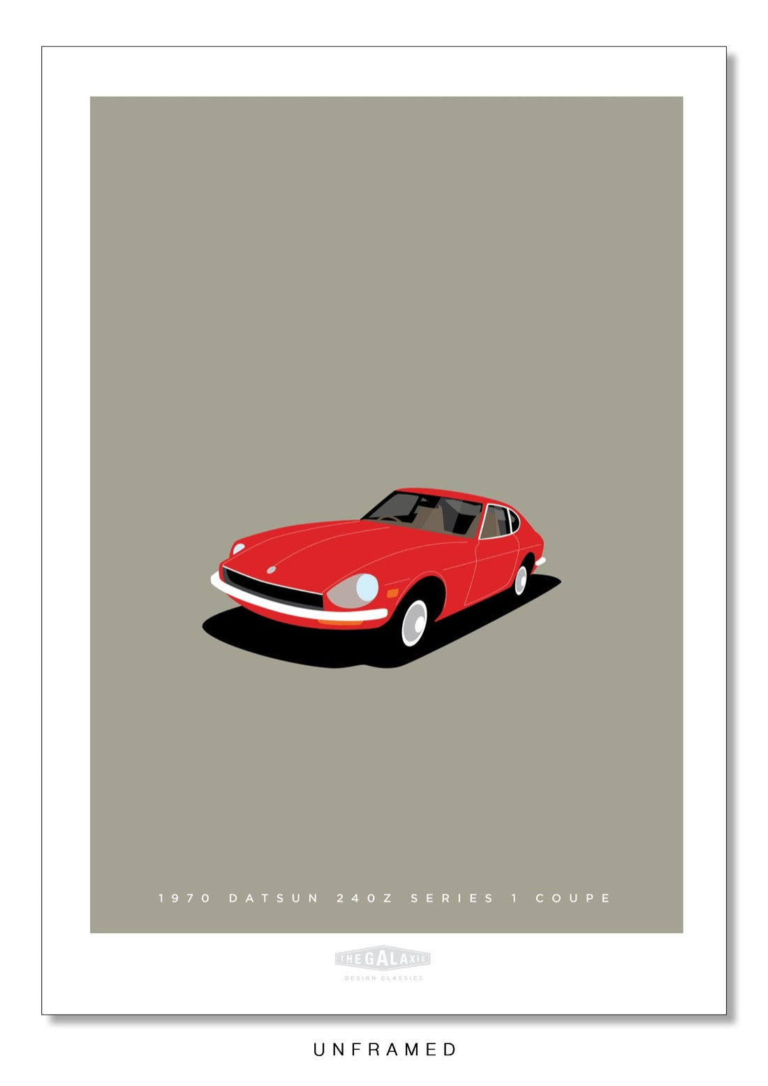 Original poster of a red 1970 DATSUN 240Z SERIES 1 COUPE on a grey background.