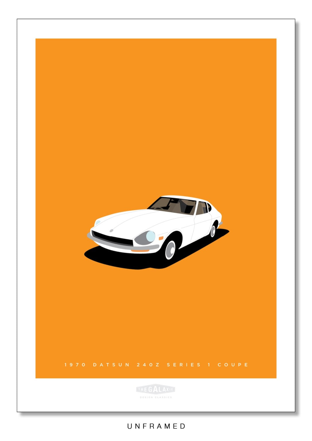 Original poster of a white 1970 DATSUN 240Z SERIES 1 COUPE on an orange background.