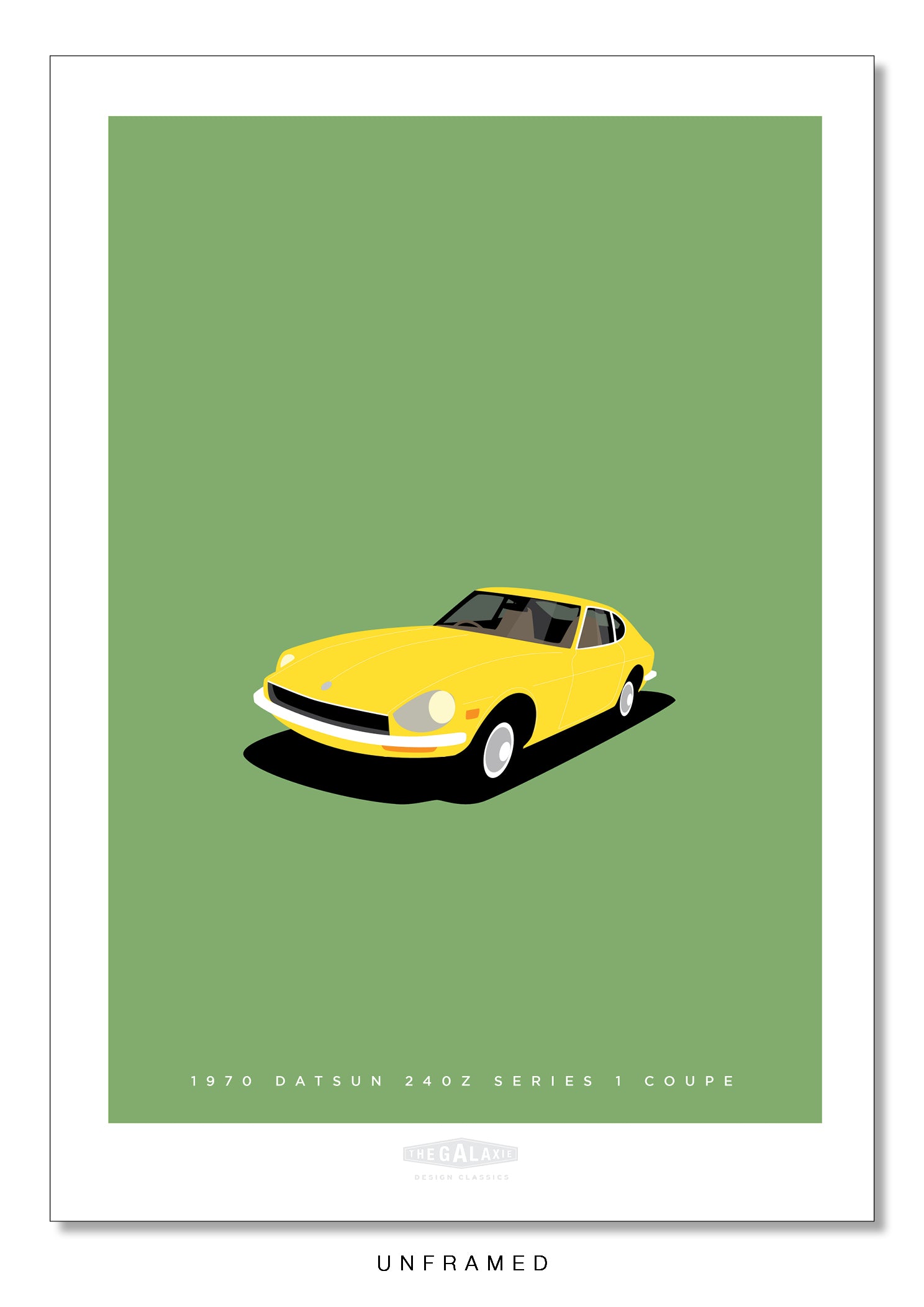 Original poster of a yellow 1970 DATSUN 240Z SERIES 1 COUPE on a green background.