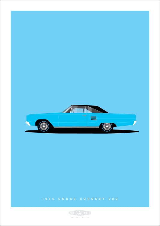 A beautiful profile poster of a blue 1966 DODGE CORONET 500 on a blue background,