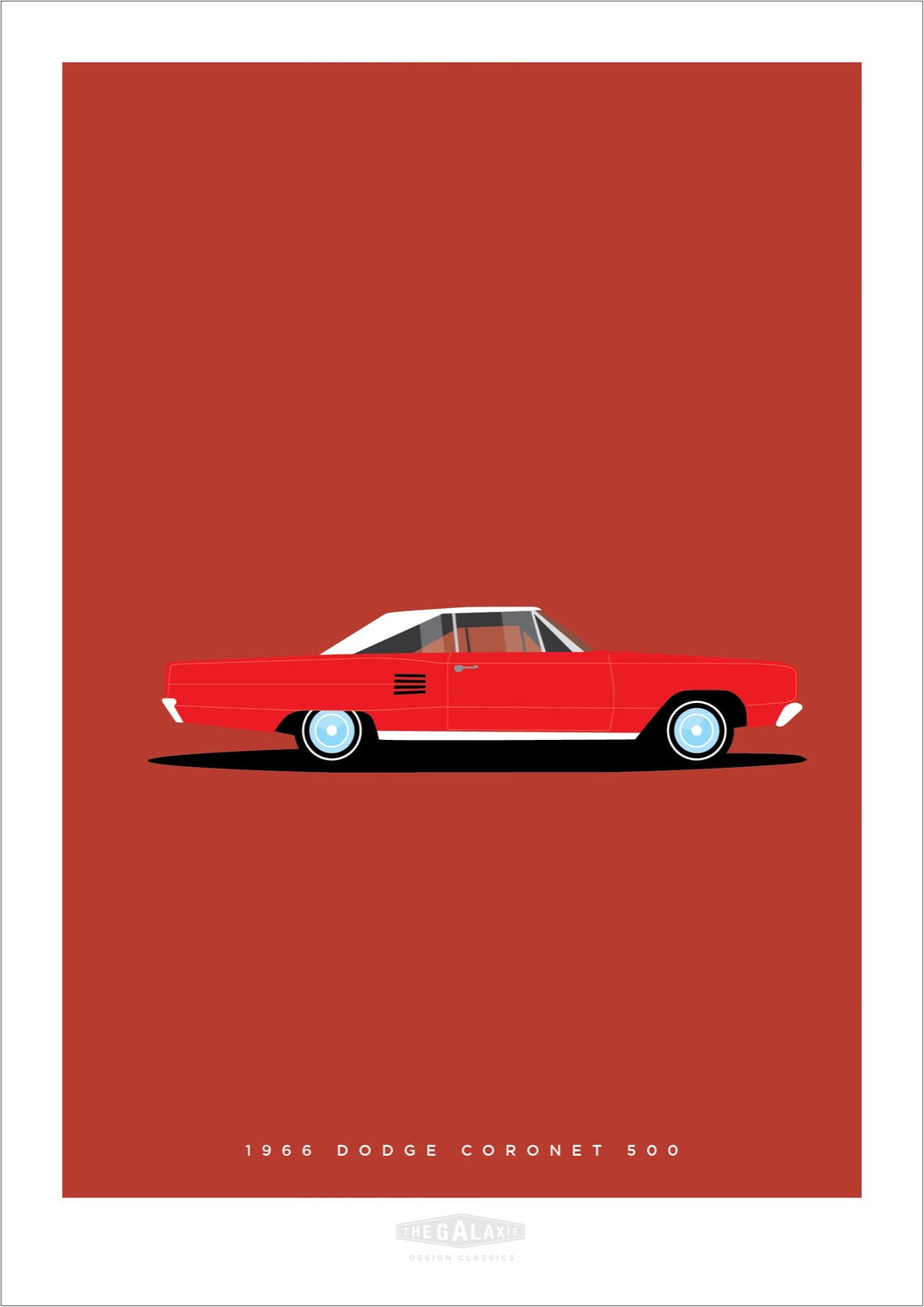 A beautiful original poster of a red 1966 DODGE CORONET 500 on a red background