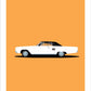 A beautiful original poster of a white 1966 DODGE CORONET 500 on an orange background.