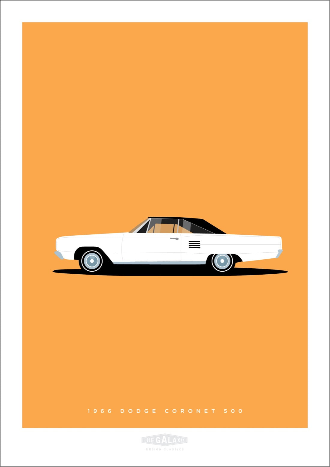 A beautiful original poster of a white 1966 DODGE CORONET 500 on an orange background.