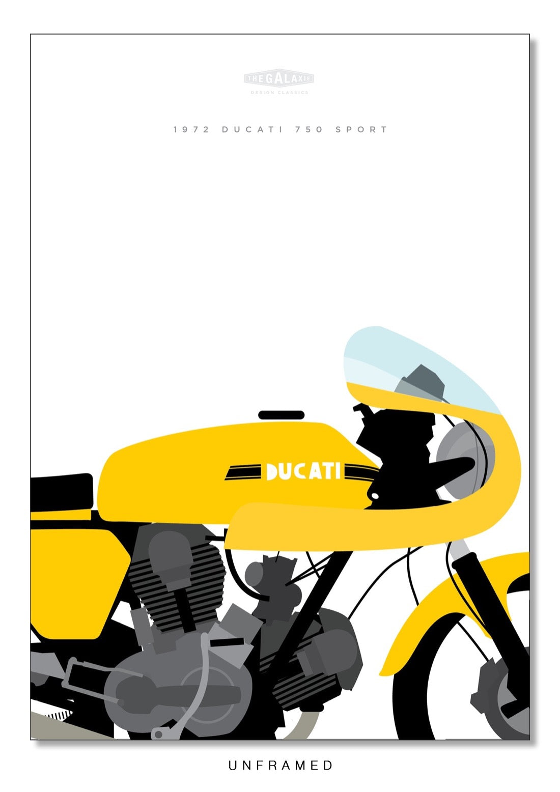 Beautiful original close up poster of a yellow 1972 DUCATI 750 Sport.