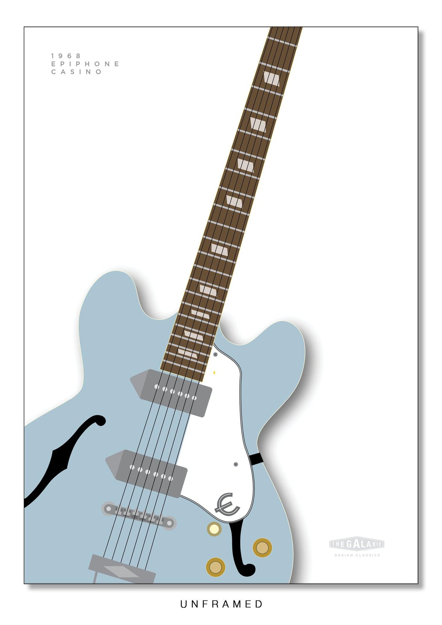 Beautiful hand drawn poster of a totally stunning dusky blue 1968 Epiphone Casino on a white background.