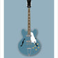 Beautiful hand drawn poster of a totally stunning dusky blue 1968 Epiphone Casino on a soft blue background.