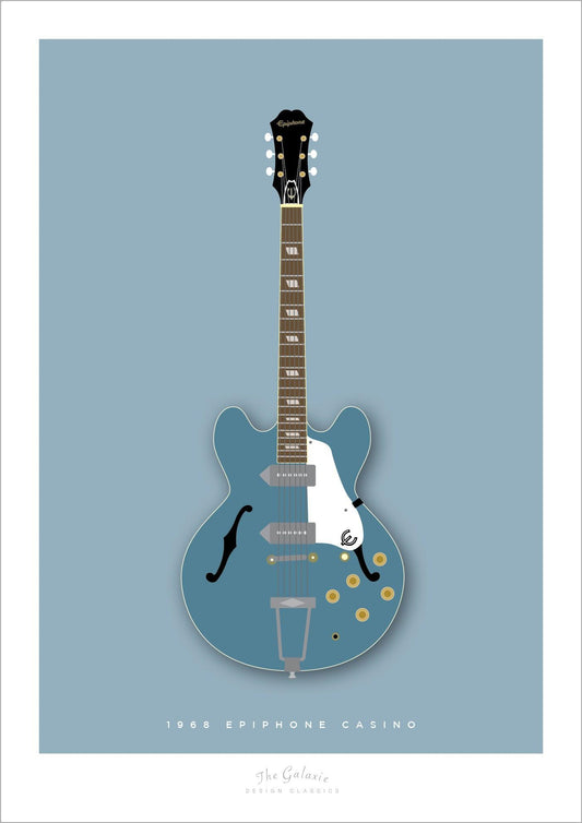 Beautiful hand drawn poster of a totally stunning dusky blue 1968 Epiphone Casino on a soft blue background.