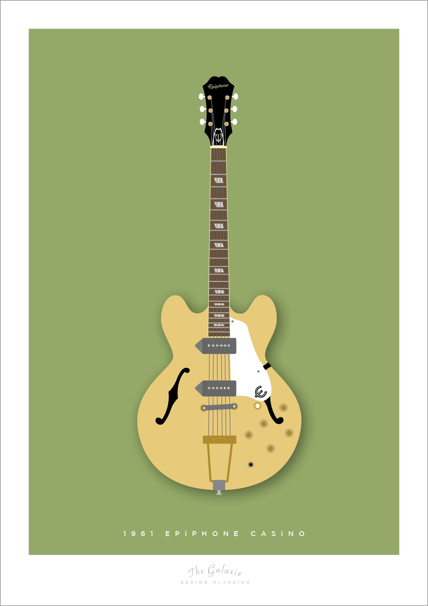 Beautiful hand drawn poster of a gorgeous cream 1961 Epiphone Casino on a green background.
