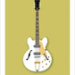 Beautiful hand drawn poster of a gorgeous white 1966 Epiphone Casino on a light green background.