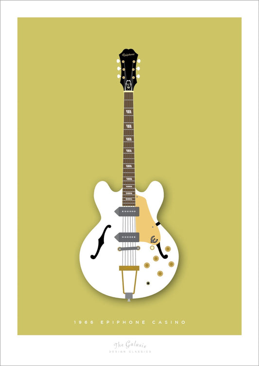 Beautiful hand drawn poster of a gorgeous white 1966 Epiphone Casino on a light green background.