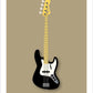 Beautiful hand drawn poster of a totally stunning black 1963 Fender Jazz Bass on a soft tan background.