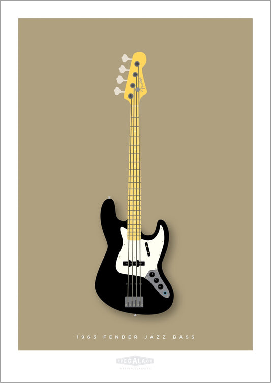 Beautiful hand drawn poster of a totally stunning black 1963 Fender Jazz Bass on a soft tan background.