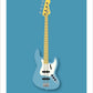 Beautiful hand drawn poster of a totally stunning grey-blue 1963 Fender Jazz Bass on a soft blue background.
