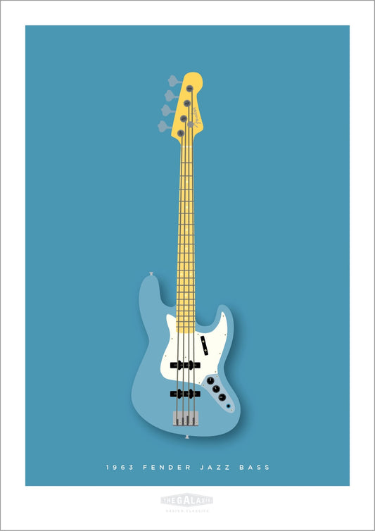 Beautiful hand drawn poster of a totally stunning grey-blue 1963 Fender Jazz Bass on a soft blue background.
