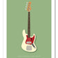 Beautiful hand drawn poster of a totally stunning cream 1963 Fender Jazz Bass on a soft green  background.