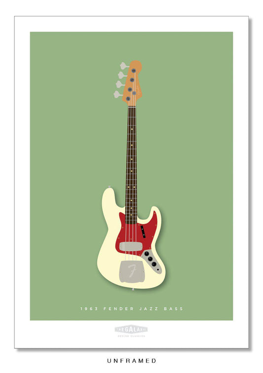 Beautiful hand drawn poster of a totally stunning cream 1963 Fender Jazz Bass on a soft green  background.