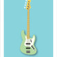 Beautiful hand drawn poster of a totally stunning light green 1963 Fender Jazz Bass on a soft blue background.