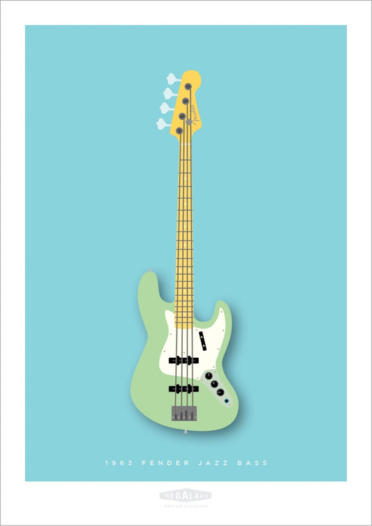 Beautiful hand drawn poster of a totally stunning light green 1963 Fender Jazz Bass on a soft blue background.