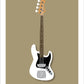 Beautiful hand drawn poster of a totally stunning white 1963 Fender Jazz Bass on a soft tan background