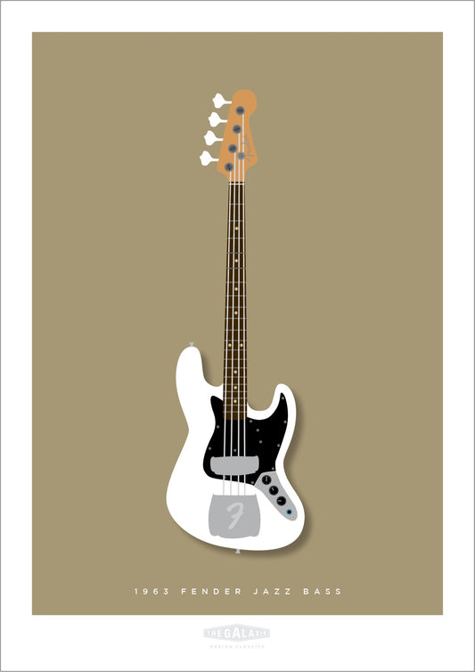 Beautiful hand drawn poster of a totally stunning white 1963 Fender Jazz Bass on a soft tan background