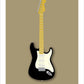Beautiful hand drawn poster of a totally stunning black 1957 Fender Stratocaster on a soft tan background.