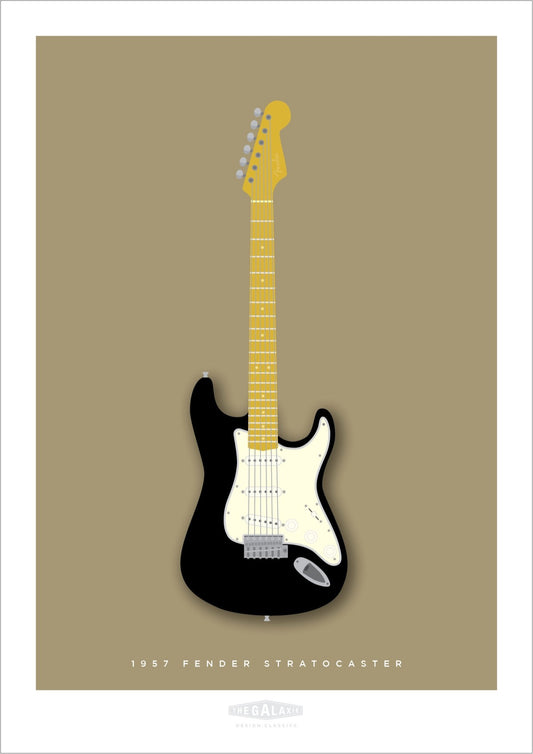 Beautiful hand drawn poster of a totally stunning black 1957 Fender Stratocaster on a soft tan background.