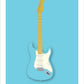 Beautiful hand drawn poster of a totally stunning acqua 1957 Fender Stratocaster on a soft blue background.