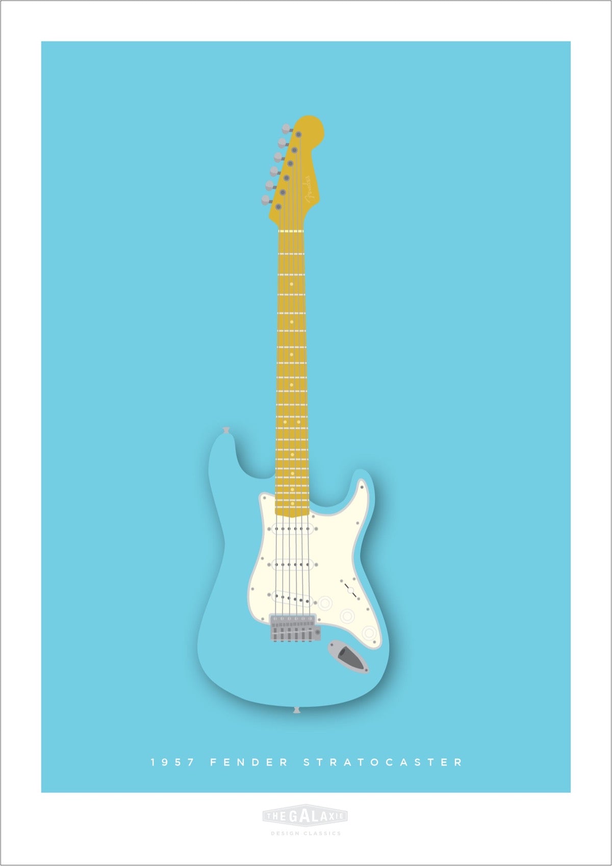 Beautiful hand drawn poster of a totally stunning acqua 1957 Fender Stratocaster on a soft blue background.