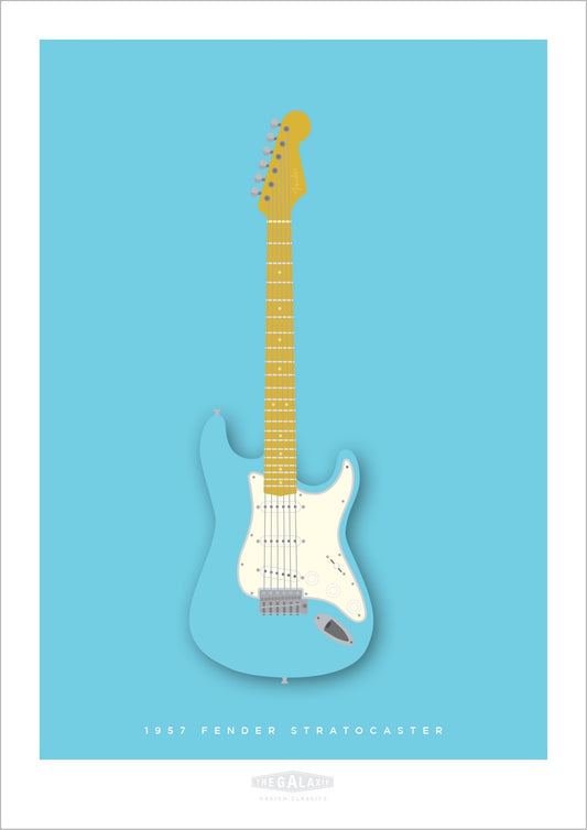 Beautiful hand drawn poster of a totally stunning acqua 1957 Fender Stratocaster on a soft blue background.