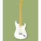 Beautiful hand drawn poster of a totally stunning white 1957 Fender Stratocaster on a soft olive background.