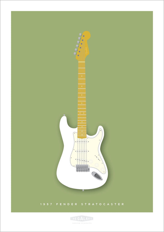 Beautiful hand drawn poster of a totally stunning white 1957 Fender Stratocaster on a soft olive background.