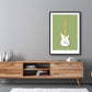 Beautiful hand drawn poster of a totally stunning white 1957 Fender Stratocaster on a soft olive background.