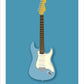 Beautiful hand drawn poster of a totally stunning grey blue 1966 Fender Stratocaster on a soft blue background.