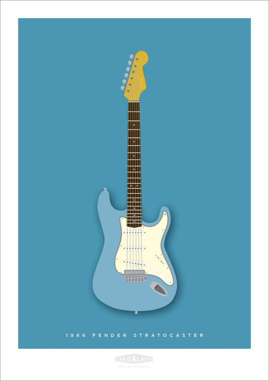 Beautiful hand drawn poster of a totally stunning grey blue 1966 Fender Stratocaster on a soft blue background.