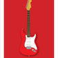 Beautiful hand drawn poster of a totally stunning red 1966 Fender Stratocaster on a red background.