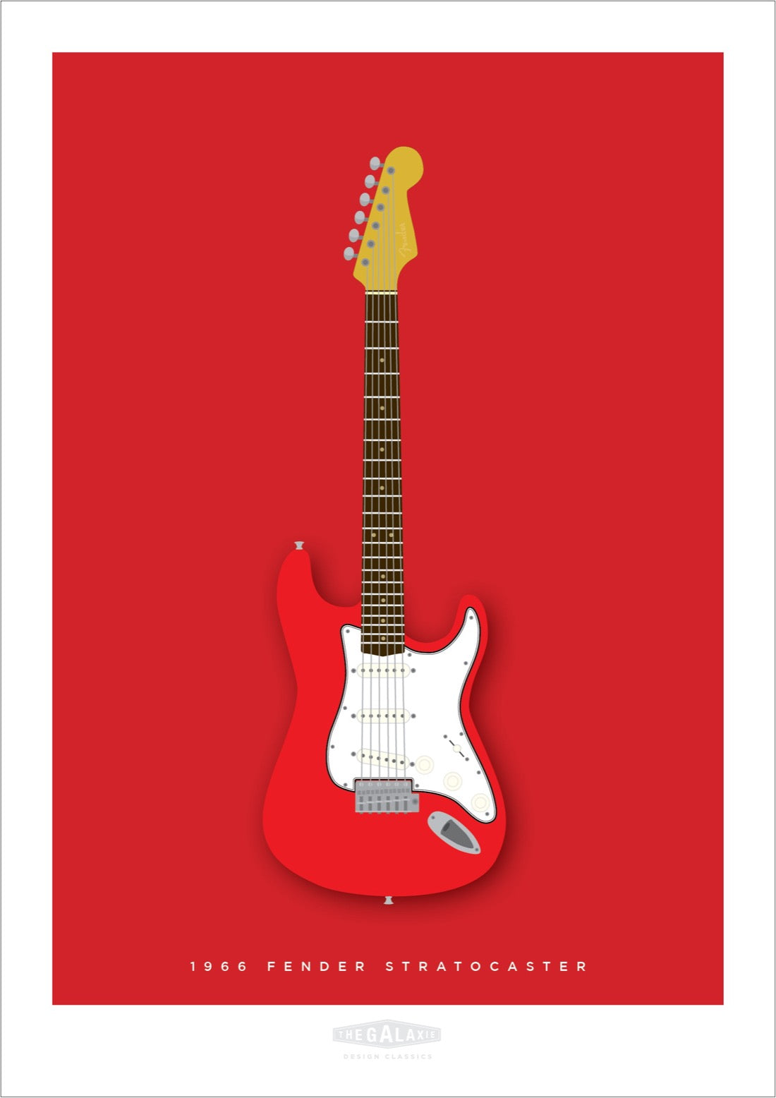 Beautiful hand drawn poster of a totally stunning red 1966 Fender Stratocaster on a red background.