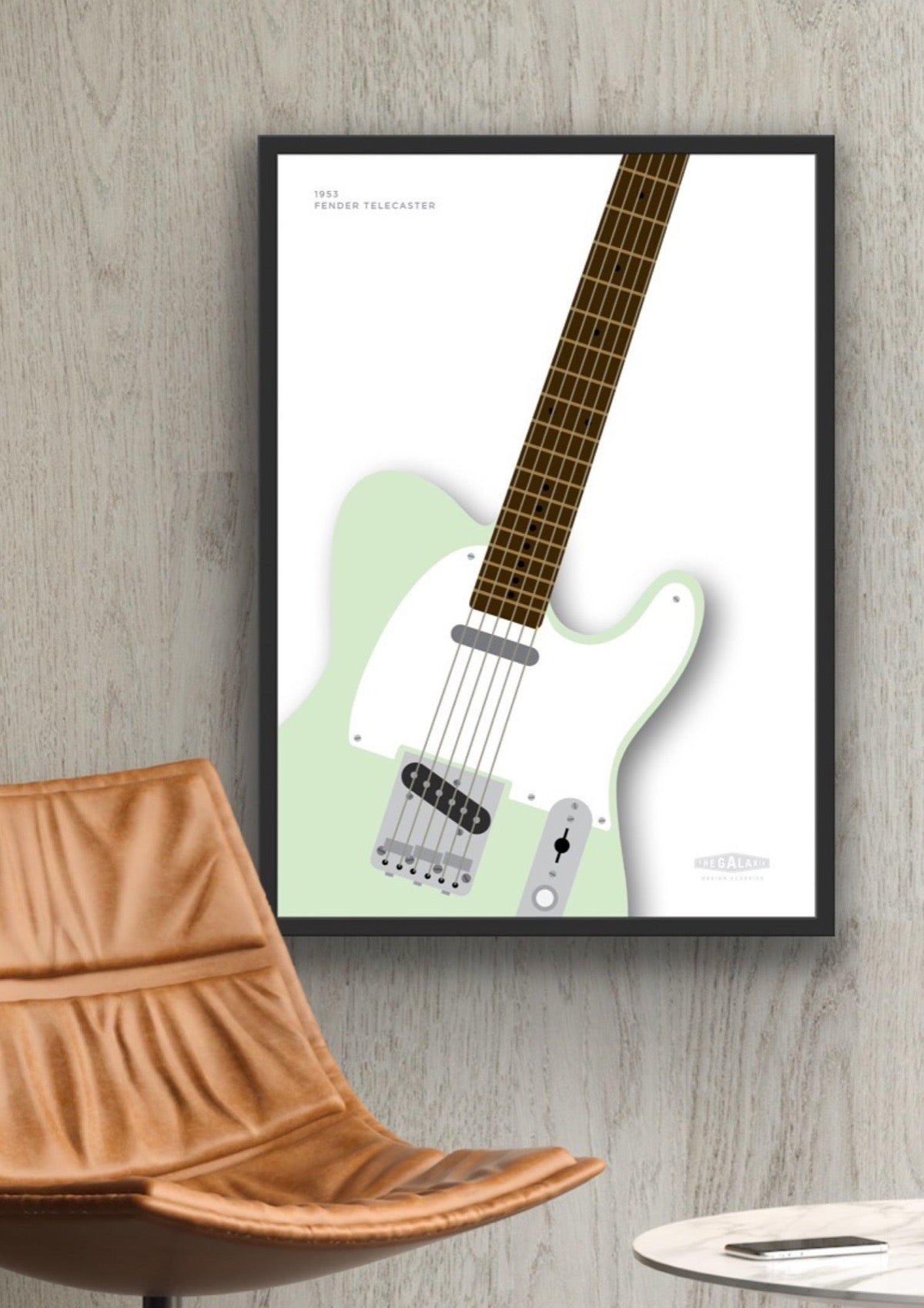Beautiful hand drawn poster of a totally stunning light green 1953 Fender Telecaster on a white background.